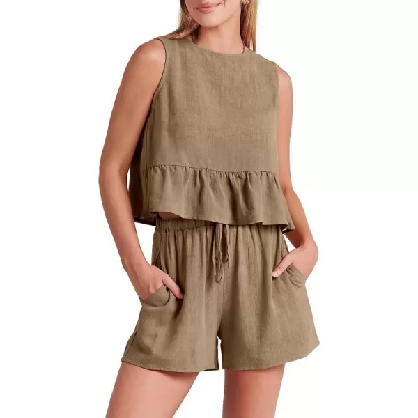imageANRABESS Womens Summer 2 Piece Outfits Shorts Sets Sleeveless Ruffle Crop Top Tank and Drawstring Shorts RomperKhaki