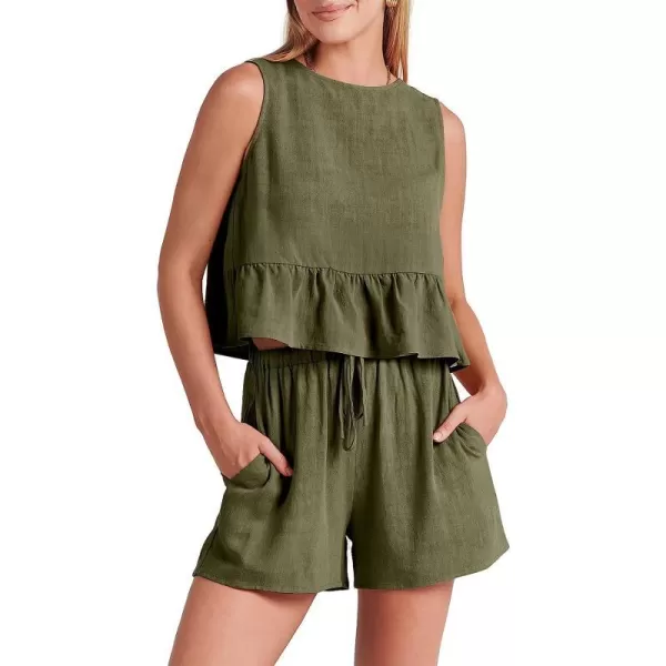 imageANRABESS Womens Summer 2 Piece Outfits Shorts Sets Sleeveless Ruffle Crop Top Tank and Drawstring Shorts RomperOlive