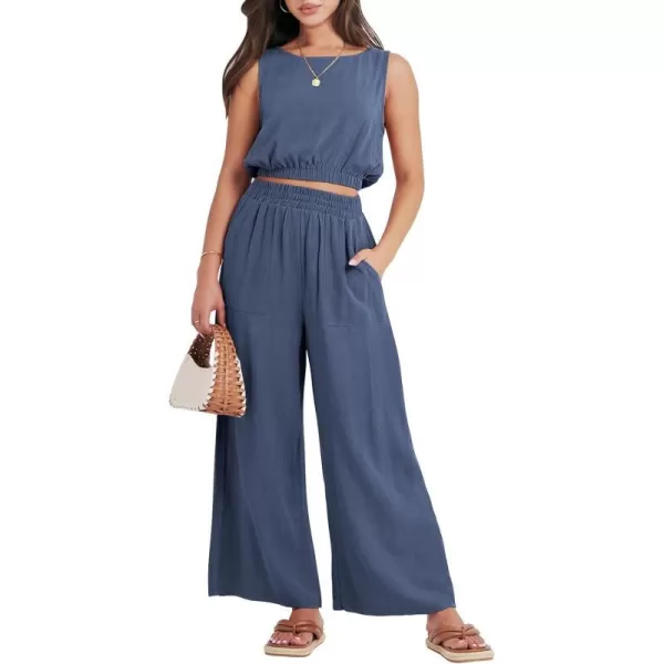 imageANRABESS Womens Summer 2 Piece Outfits Sleeveless Round Neck Crop Top Tank and High Waisted Pants Jumpsuit Lounge SetDeep Blue