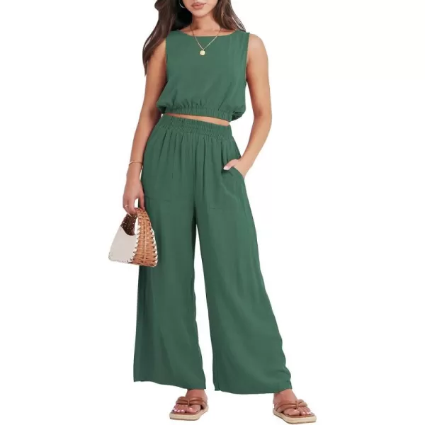 imageANRABESS Womens Summer 2 Piece Outfits Sleeveless Round Neck Crop Top Tank and High Waisted Pants Jumpsuit Lounge SetGreen