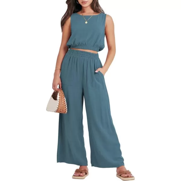 imageANRABESS Womens Summer 2 Piece Outfits Sleeveless Round Neck Crop Top Tank and High Waisted Pants Jumpsuit Lounge SetLake