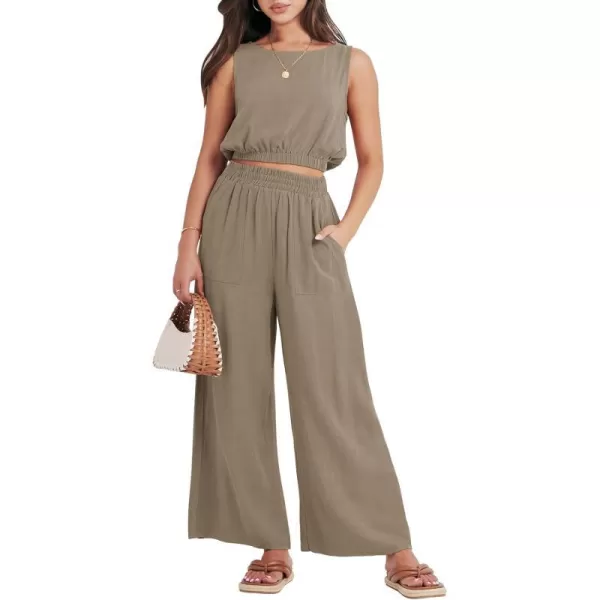 imageANRABESS Womens Summer 2 Piece Outfits Sleeveless Round Neck Crop Top Tank and High Waisted Pants Jumpsuit Lounge SetLight Brown