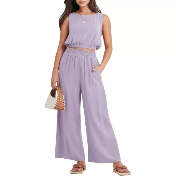 imageANRABESS Womens Summer 2 Piece Outfits Sleeveless Round Neck Crop Top Tank and High Waisted Pants Jumpsuit Lounge SetLight Purple