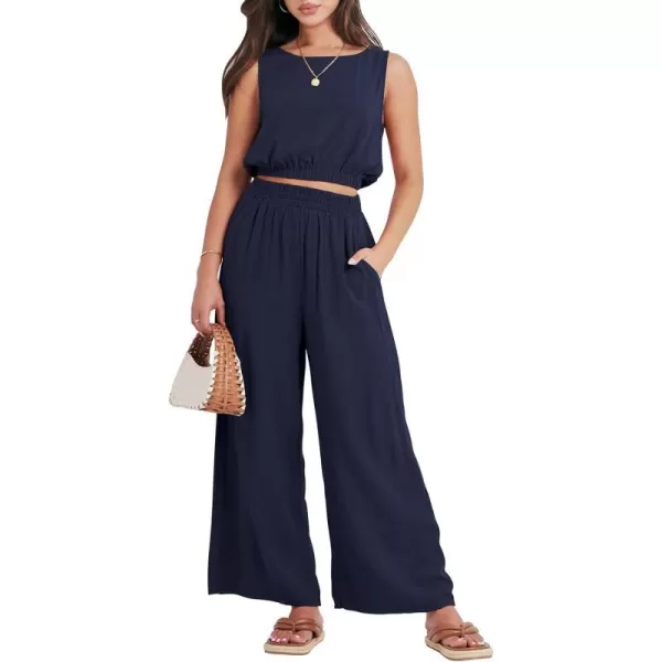 imageANRABESS Womens Summer 2 Piece Outfits Sleeveless Round Neck Crop Top Tank and High Waisted Pants Jumpsuit Lounge SetNavy Blue