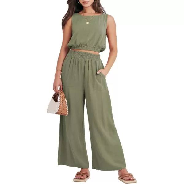 imageANRABESS Womens Summer 2 Piece Outfits Sleeveless Round Neck Crop Top Tank and High Waisted Pants Jumpsuit Lounge SetOlive