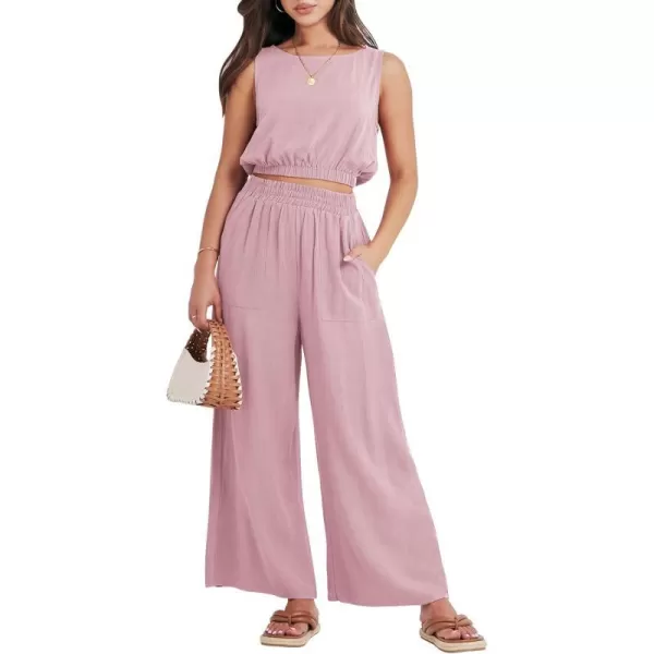imageANRABESS Womens Summer 2 Piece Outfits Sleeveless Round Neck Crop Top Tank and High Waisted Pants Jumpsuit Lounge SetPink