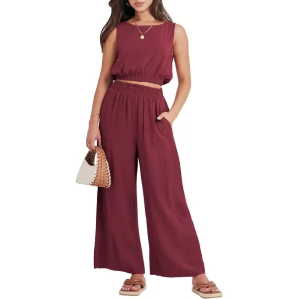 imageANRABESS Womens Summer 2 Piece Outfits Sleeveless Round Neck Crop Top Tank and High Waisted Pants Jumpsuit Lounge SetRed