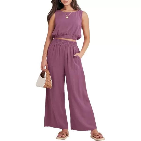 imageANRABESS Womens Summer 2 Piece Outfits Sleeveless Round Neck Crop Top Tank and High Waisted Pants Jumpsuit Lounge SetRose
