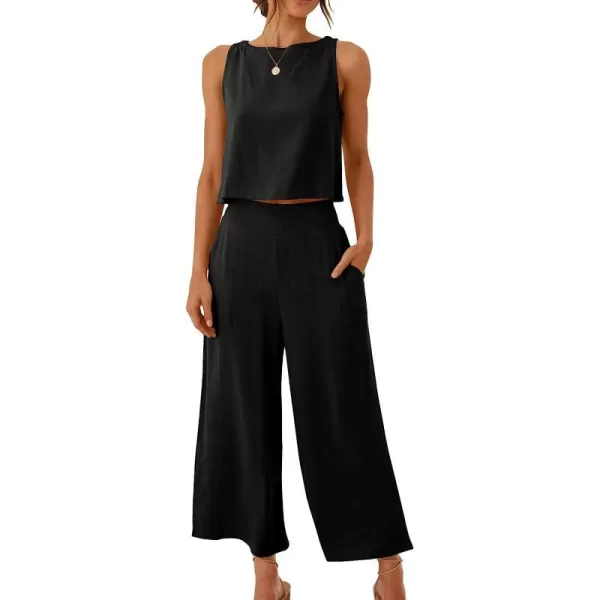 imageANRABESS Womens Summer 2 Piece Outfits Sleeveless Tank Crop Button Back Top Cropped Wide Leg Pants Set PocketsBlack