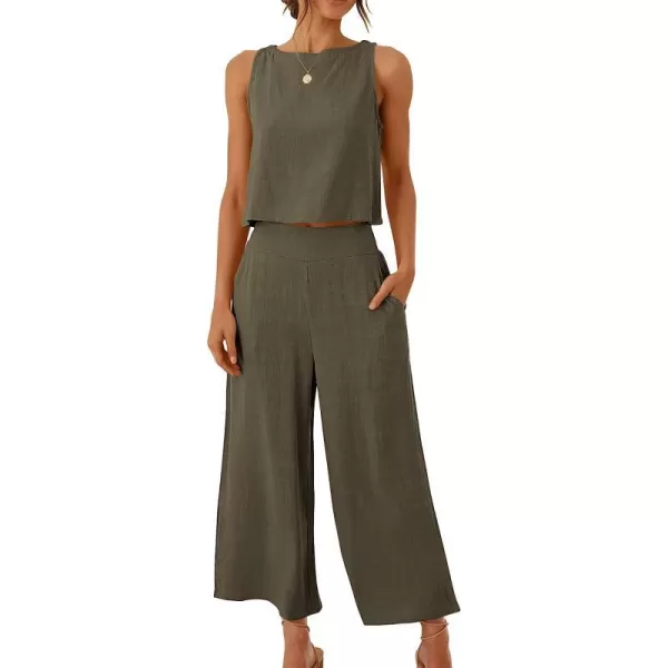 imageANRABESS Womens Summer 2 Piece Outfits Sleeveless Tank Crop Button Back Top Cropped Wide Leg Pants Set PocketsGrey Green