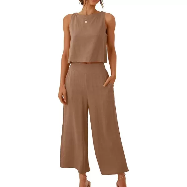 imageANRABESS Womens Summer 2 Piece Outfits Sleeveless Tank Crop Button Back Top Cropped Wide Leg Pants Set PocketsLight Brown