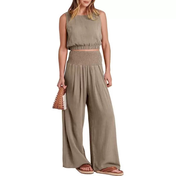 imageANRABESS Womens Summer 2 Piece Outfits Sleeveless Tank Crop Button Back Top Cropped Wide Leg Smocked Pants Set PocketsKhaki