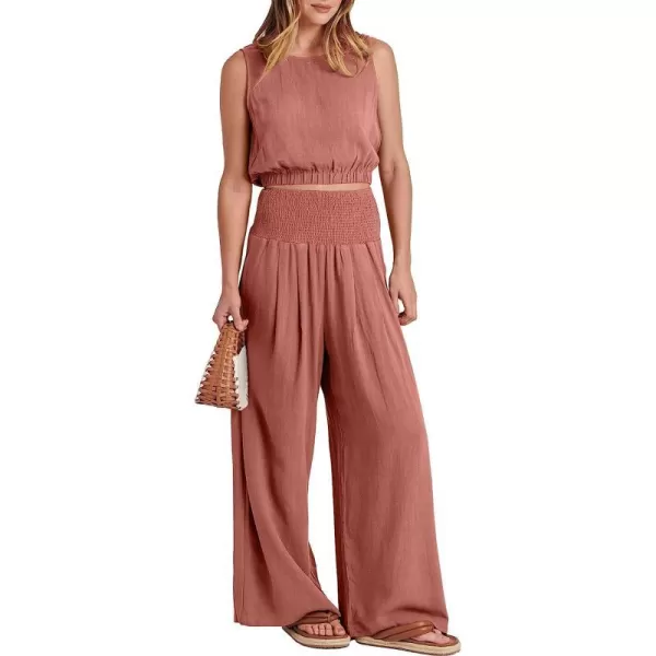 imageANRABESS Womens Summer 2 Piece Outfits Sleeveless Tank Crop Button Back Top Cropped Wide Leg Smocked Pants Set PocketsRust