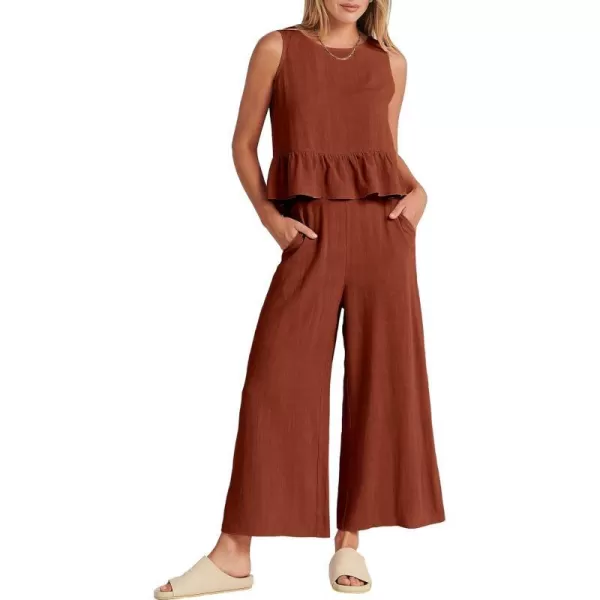 imageANRABESS Womens Summer 2 Piece Outfits Sleeveless Tank Crop Top Wide Leg Pants Linen Lounge Matching SetsBrick