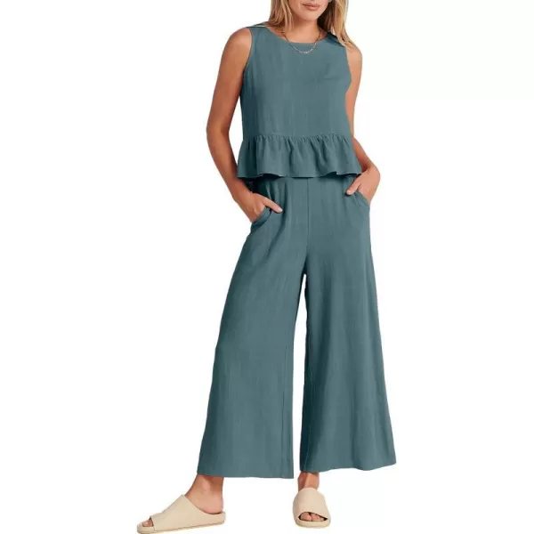 imageANRABESS Womens Summer 2 Piece Outfits Sleeveless Tank Crop Top Wide Leg Pants Linen Lounge Matching SetsCyan Blue