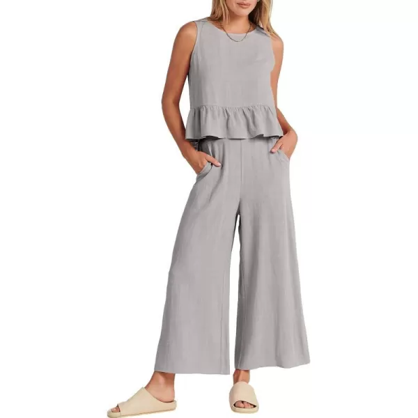 imageANRABESS Womens Summer 2 Piece Outfits Sleeveless Tank Crop Top Wide Leg Pants Linen Lounge Matching SetsGrey