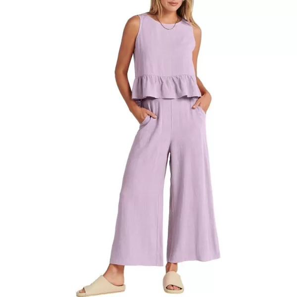 imageANRABESS Womens Summer 2 Piece Outfits Sleeveless Tank Crop Top Wide Leg Pants Linen Lounge Matching SetsPurple