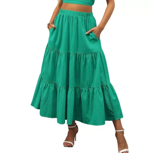 imageANRABESS Womens Summer Boho Elastic Waist Pleated ALine Flowy Swing Tiered Long Beach Skirt Dress with PocketsForest