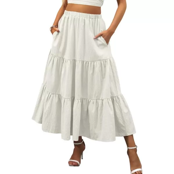 imageANRABESS Womens Summer Boho Elastic Waist Pleated ALine Flowy Swing Tiered Long Beach Skirt Dress with PocketsGray
