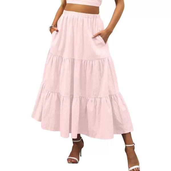 imageANRABESS Womens Summer Boho Elastic Waist Pleated ALine Flowy Swing Tiered Long Beach Skirt Dress with PocketsLight Pink