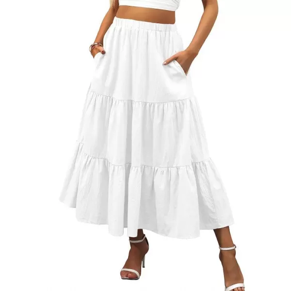 imageANRABESS Womens Summer Boho Elastic Waist Pleated ALine Flowy Swing Tiered Long Beach Skirt Dress with PocketsWhite