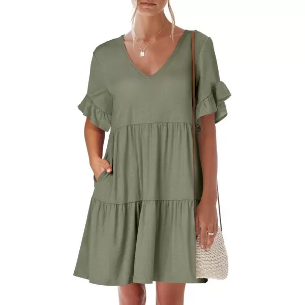 imageANRABESS Womens Summer Casual Cute VNeck Mini Dress with Pocket Ruffle Short Sleeve 2024 Trendy Beach DressesArmy Green