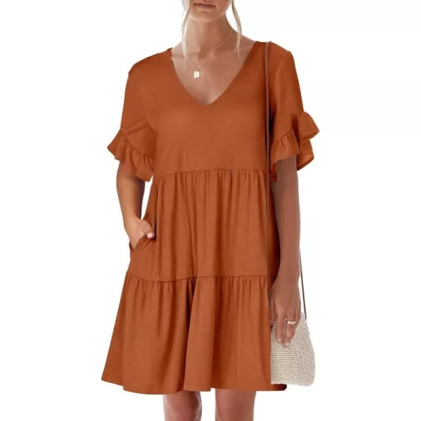 imageANRABESS Womens Summer Casual Cute VNeck Mini Dress with Pocket Ruffle Short Sleeve 2024 Trendy Beach DressesBrick Red