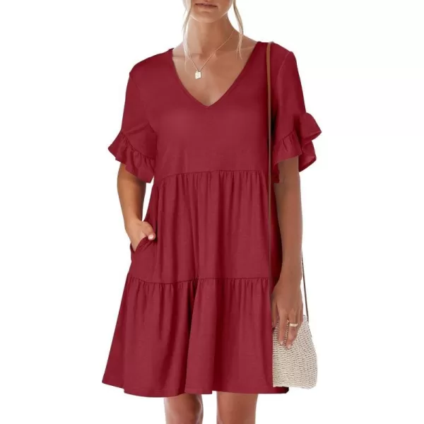 imageANRABESS Womens Summer Casual Cute VNeck Mini Dress with Pocket Ruffle Short Sleeve 2024 Trendy Beach DressesBurgundy