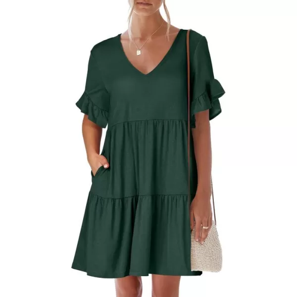 imageANRABESS Womens Summer Casual Cute VNeck Mini Dress with Pocket Ruffle Short Sleeve 2024 Trendy Beach DressesDeep Green