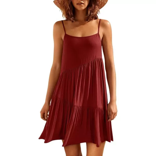 imageANRABESS Womens Summer Casual Dress Adjustable Spaghetti Strap Beach Cover Up Tank Mini DressesDark Red