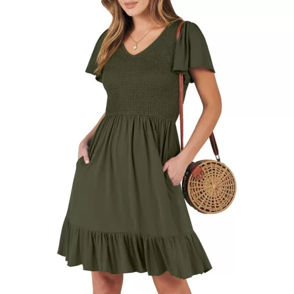 imageANRABESS Womens Summer Casual Flowy Smocked V Neck Flutter Sleeve Beach Mini Dress with PocketsArmy Green