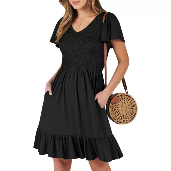 imageANRABESS Womens Summer Casual Flowy Smocked V Neck Flutter Sleeve Beach Mini Dress with PocketsBlack