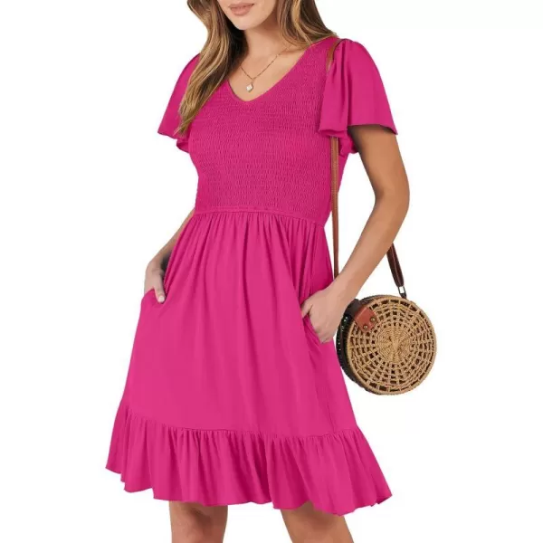 imageANRABESS Womens Summer Casual Flowy Smocked V Neck Flutter Sleeve Beach Mini Dress with PocketsHot Pink