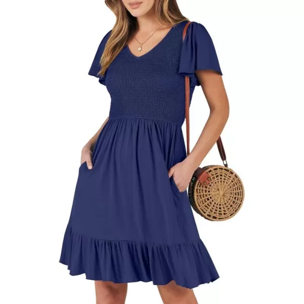 imageANRABESS Womens Summer Casual Flowy Smocked V Neck Flutter Sleeve Beach Mini Dress with PocketsNavy Blue