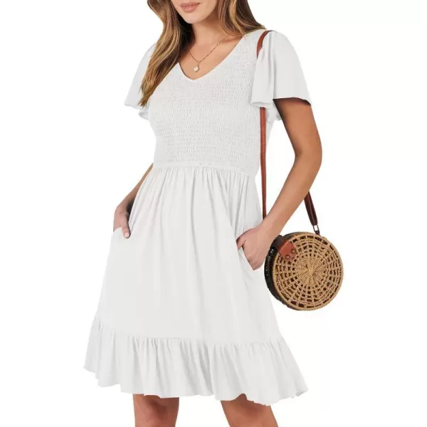 imageANRABESS Womens Summer Casual Flowy Smocked V Neck Flutter Sleeve Beach Mini Dress with PocketsWhite
