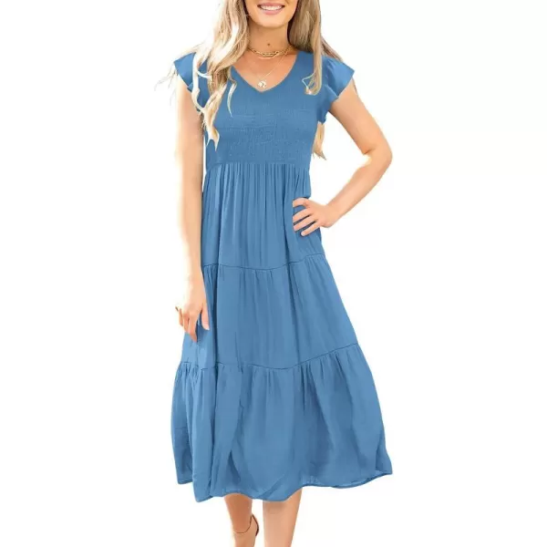 imageANRABESS Womens Summer Casual Flutter Short Sleeve V Neck Smocked ALine Tiered Midi Beach DressBlue