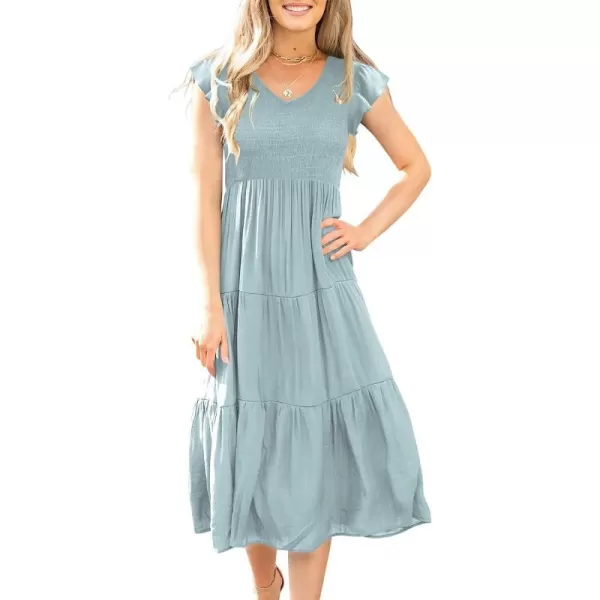imageANRABESS Womens Summer Casual Flutter Short Sleeve V Neck Smocked ALine Tiered Midi Beach DressLight Bule