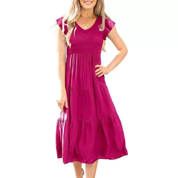 imageANRABESS Womens Summer Casual Flutter Short Sleeve V Neck Smocked ALine Tiered Midi Beach DressRose