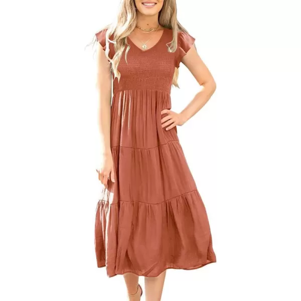 imageANRABESS Womens Summer Casual Flutter Short Sleeve V Neck Smocked ALine Tiered Midi Beach DressRust