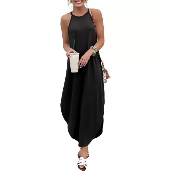 imageANRABESS Womens Summer Casual Halter Neck Sundress Sleeveless Split Maxi Long Beach Dress with PocketsBlack