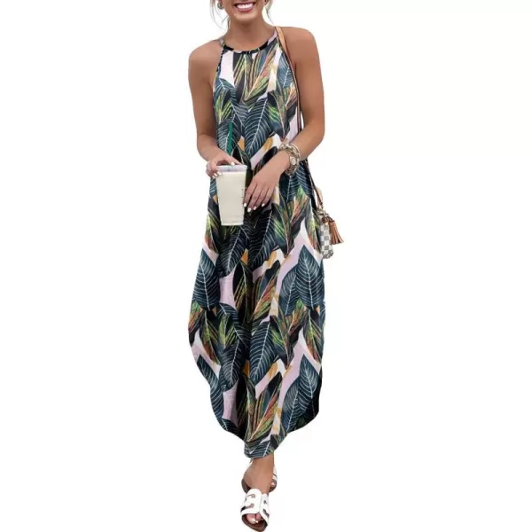 imageANRABESS Womens Summer Casual Halter Neck Sundress Sleeveless Split Maxi Long Beach Dress with PocketsLeaf