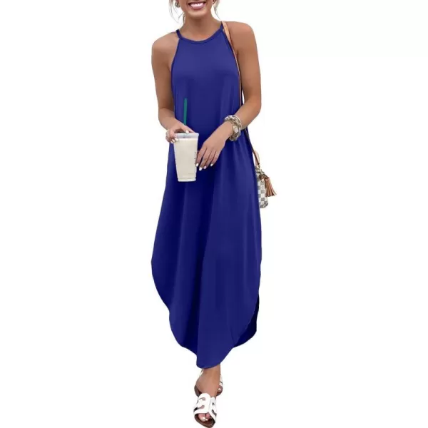 imageANRABESS Womens Summer Casual Halter Neck Sundress Sleeveless Split Maxi Long Beach Dress with PocketsRoyal Blue