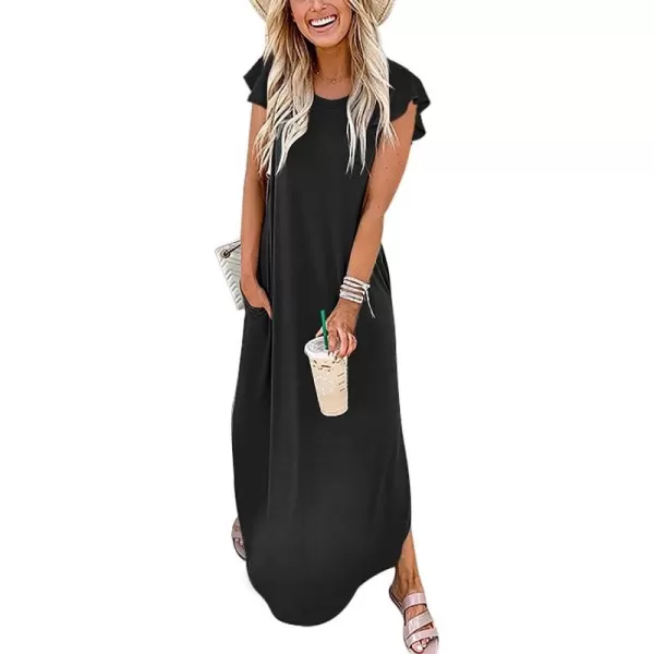 imageANRABESS Womens Summer Casual Loose Crewneck Ruffle Short Sleeves Split Beach Maxi Long Dress with PocketsBlack