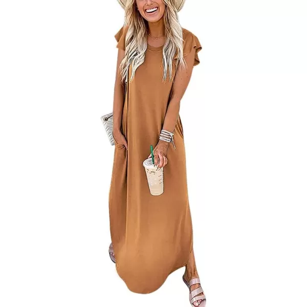 imageANRABESS Womens Summer Casual Loose Crewneck Ruffle Short Sleeves Split Beach Maxi Long Dress with PocketsBrown