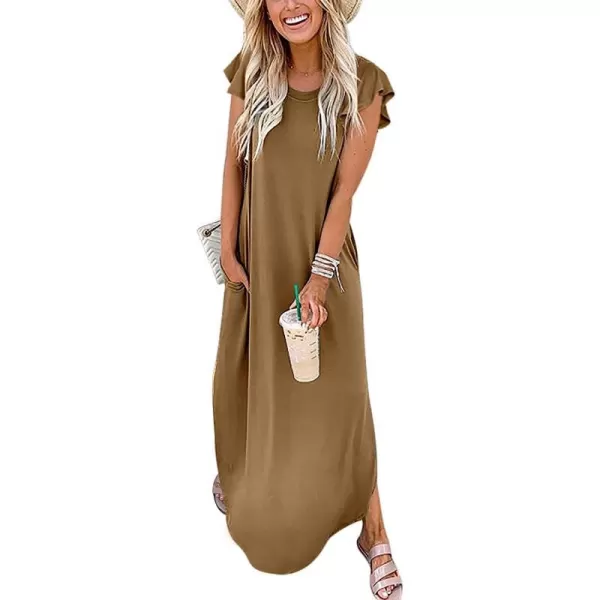 imageANRABESS Womens Summer Casual Loose Crewneck Ruffle Short Sleeves Split Beach Maxi Long Dress with PocketsKhaki