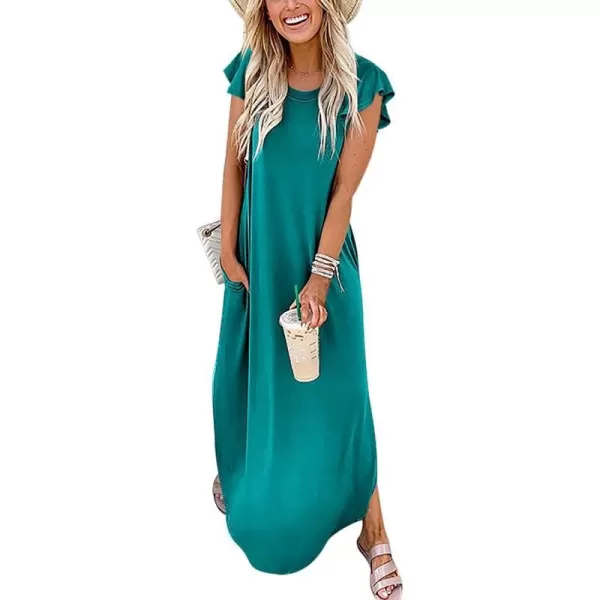 imageANRABESS Womens Summer Casual Loose Crewneck Ruffle Short Sleeves Split Beach Maxi Long Dress with PocketsLake