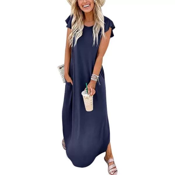 imageANRABESS Womens Summer Casual Loose Crewneck Ruffle Short Sleeves Split Beach Maxi Long Dress with PocketsNavy Blue