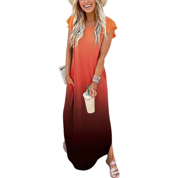imageANRABESS Womens Summer Casual Loose Crewneck Ruffle Short Sleeves Split Beach Maxi Long Dress with PocketsOrange Black