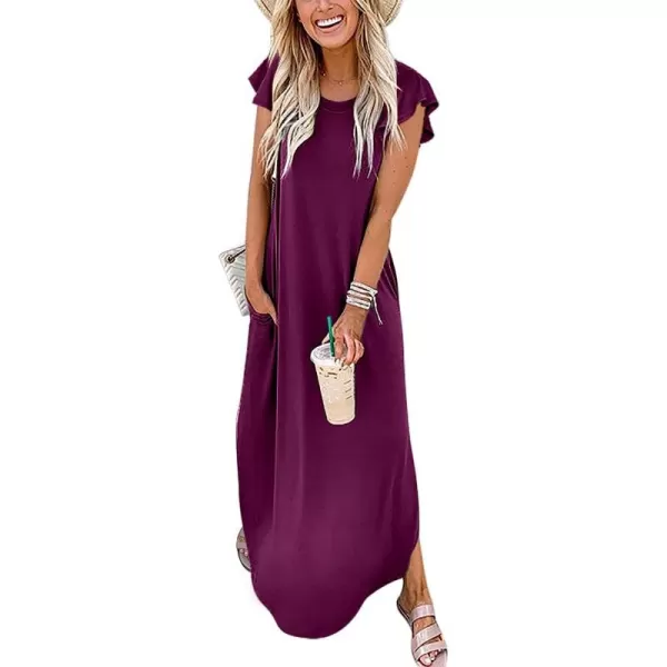 imageANRABESS Womens Summer Casual Loose Crewneck Ruffle Short Sleeves Split Beach Maxi Long Dress with PocketsPurple