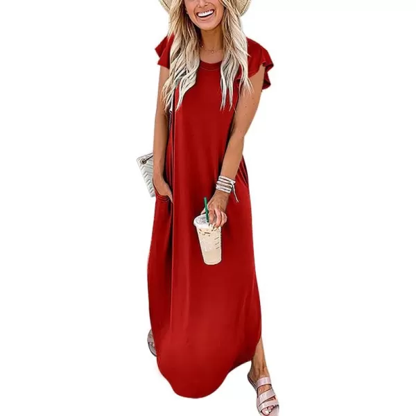 imageANRABESS Womens Summer Casual Loose Crewneck Ruffle Short Sleeves Split Beach Maxi Long Dress with PocketsRed